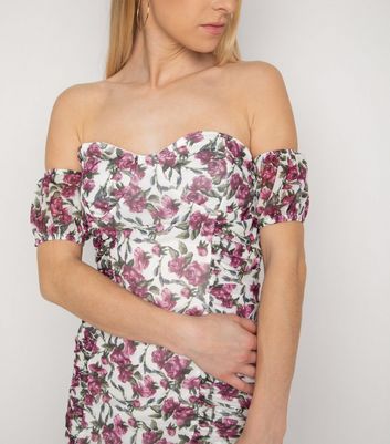 Image of NaaNaa White Floral Ruched Bardot Dress New Look