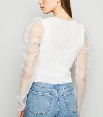 Image of Carpe Diem White Organza Puff Sleeve Cardigan New Look