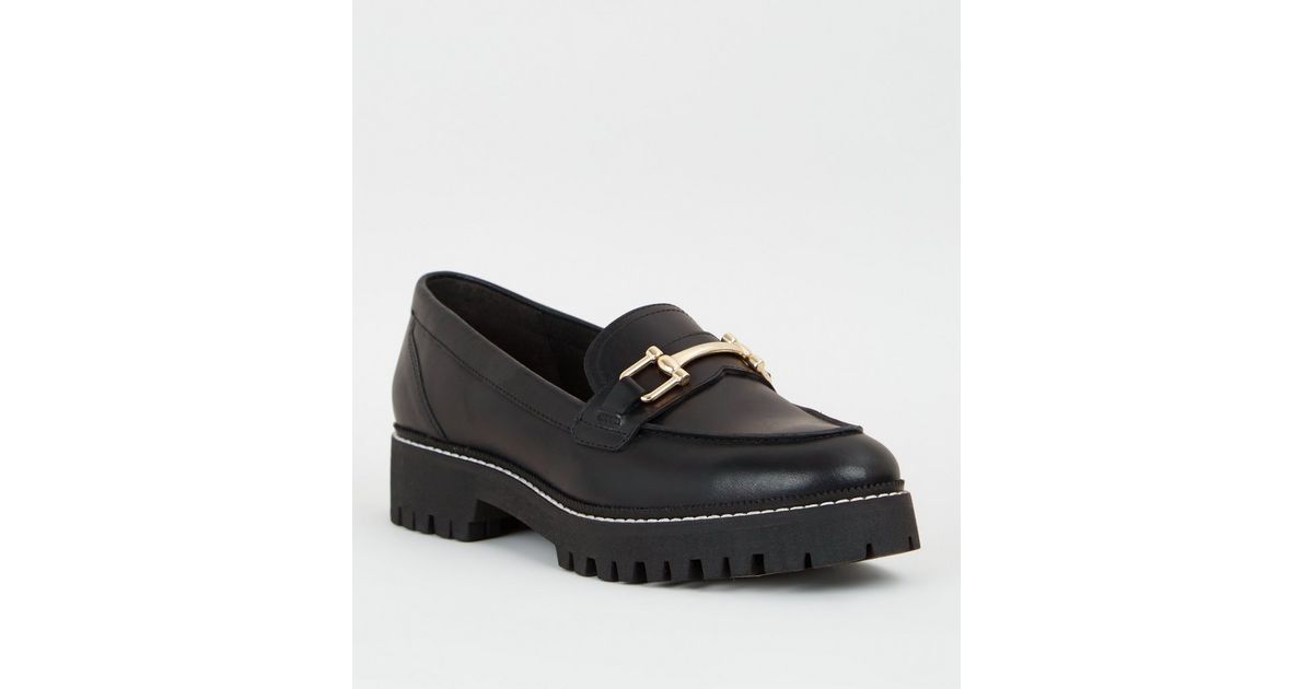 Black Leather Chunky Cleated Loafers | New Look
