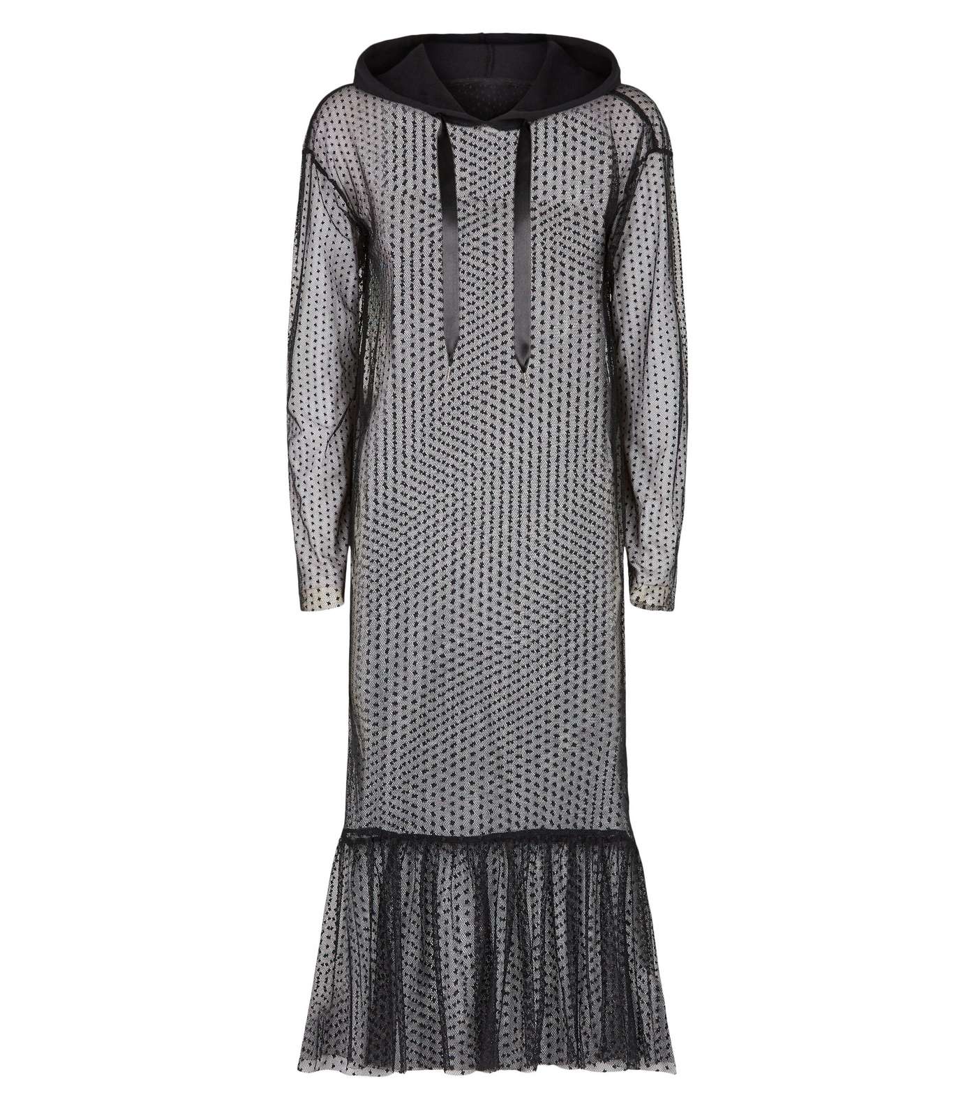 Noisy May Black Spot Mesh Hooded Midi Dress Image 4