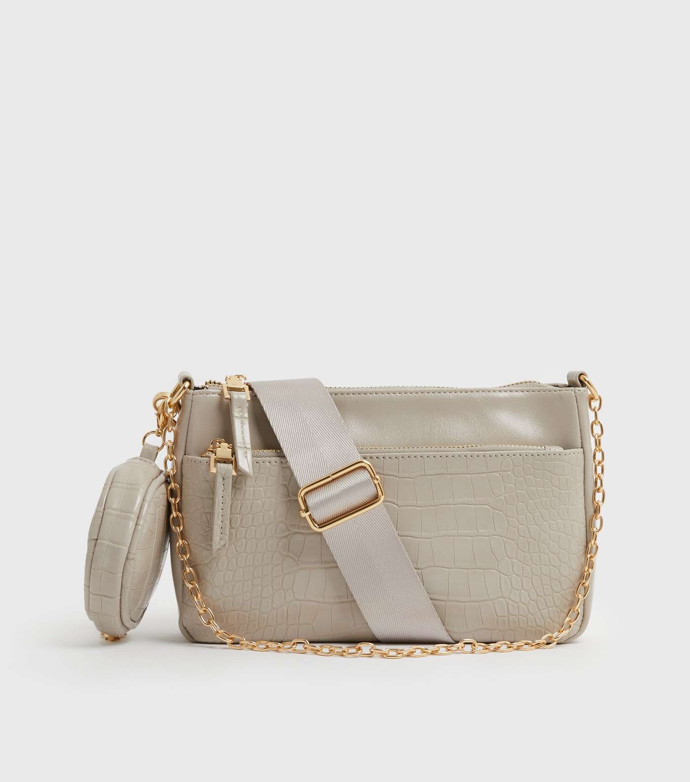 Grey Leather-Look Faux Snake Chain Cross Body Bag