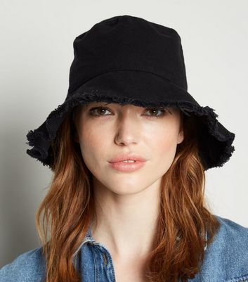 black frayed bucket hat