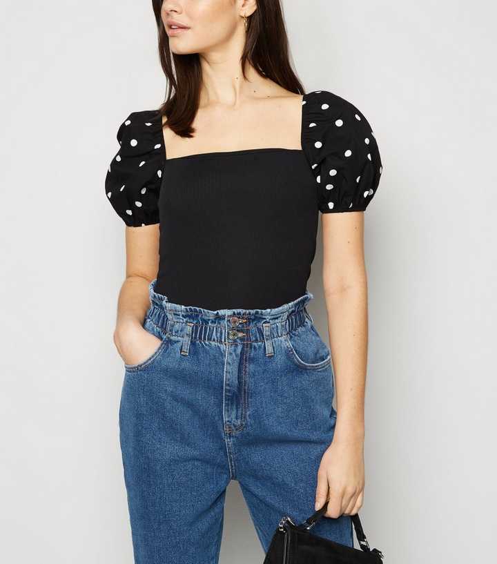 Black Poplin Spot Puff Sleeve Top
