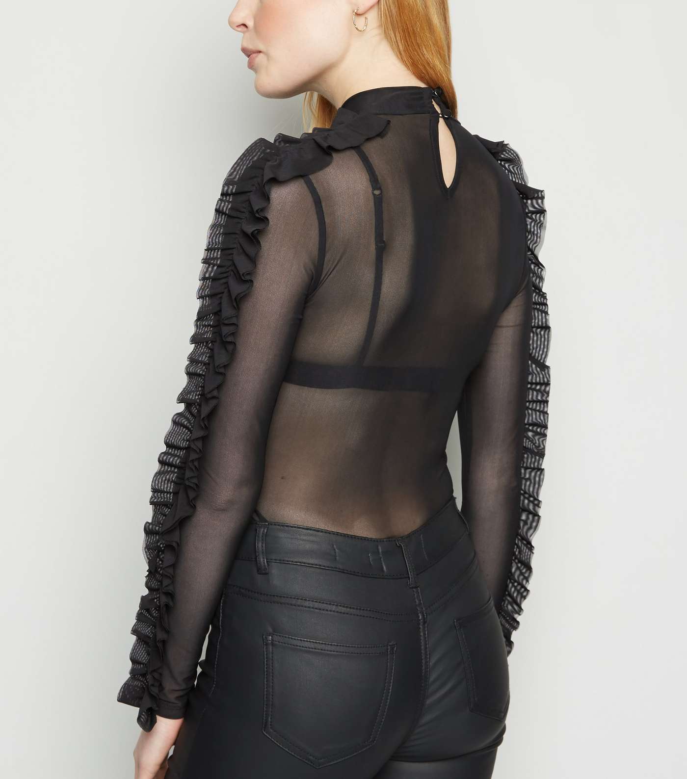 Black Mesh Frill Sleeve Bodysuit Image 3