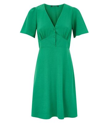 Green Button Puff Sleeve Tea Dress New Look