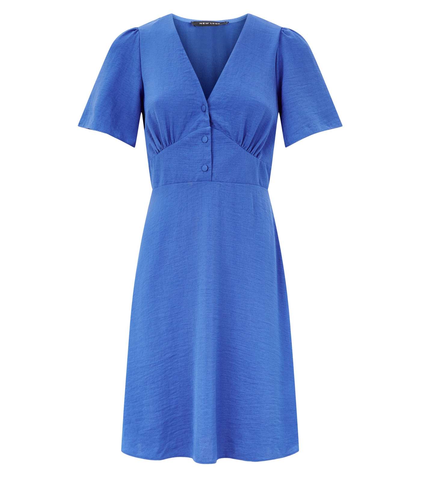 Blue Button Puff Sleeve Tea Dress Image 4