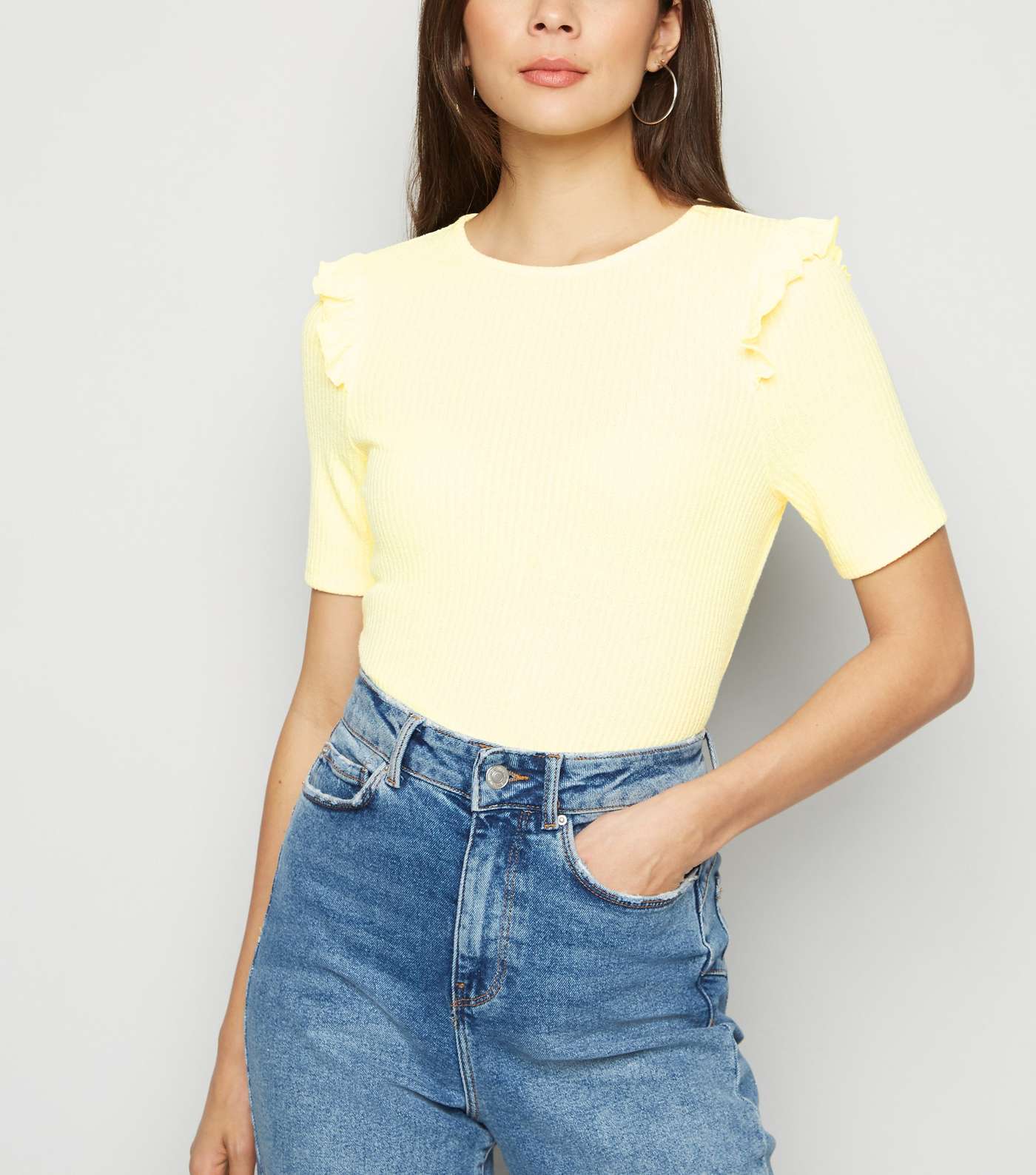 Pale Yellow Fine Knit Frill Trim Top