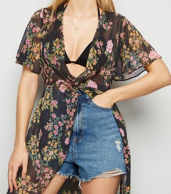 Image of Black Floral Chiffon Kimono New Look