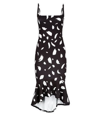 Image of Black Abstract Spot Dip Peplum Hem Midi Dress New Look