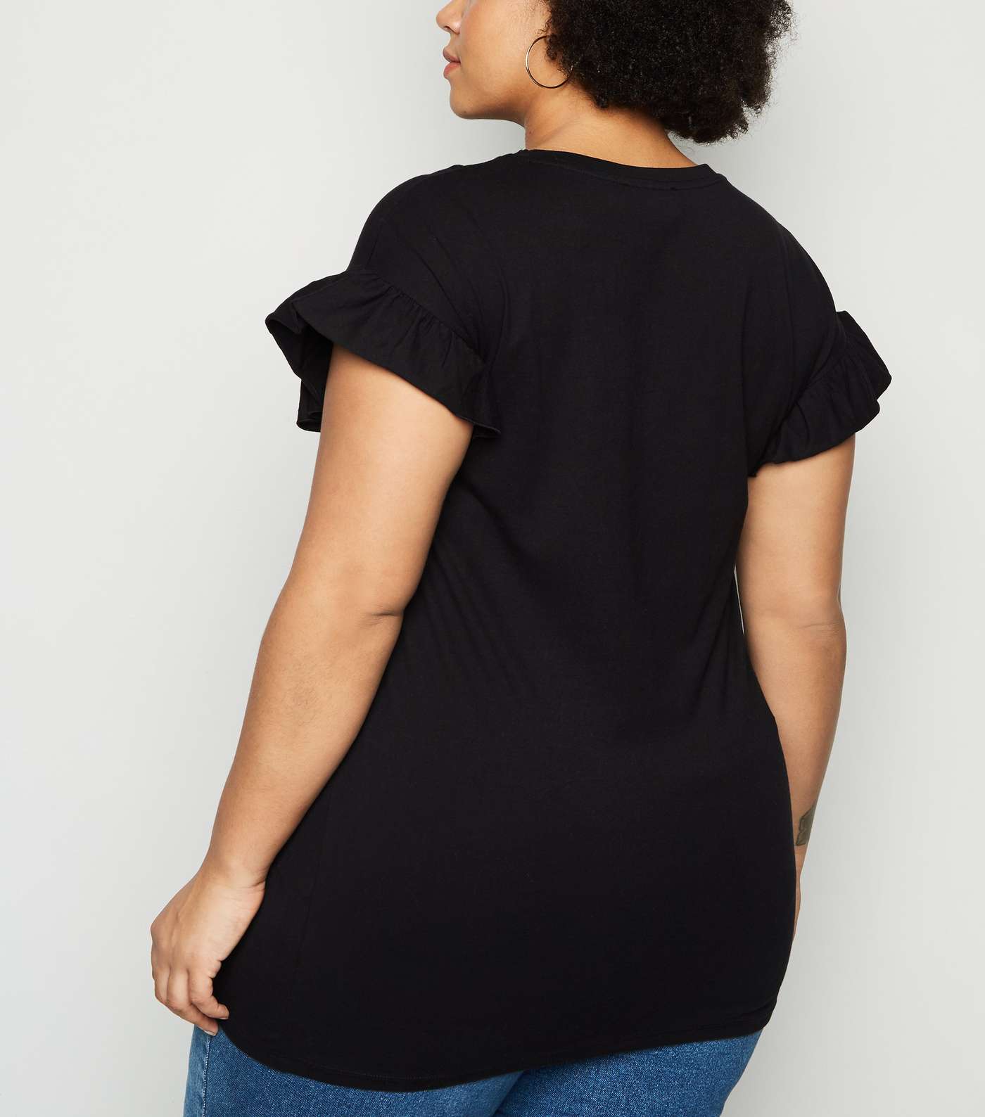 Curves Black Frill Sleeve Long T-Shirt Image 3