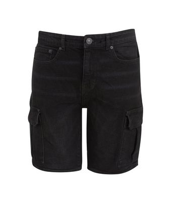 Image of Black Washed Denim Cargo Shorts New Look