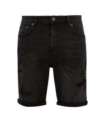 Image of Plus Size Black Ripped Denim Shorts New Look