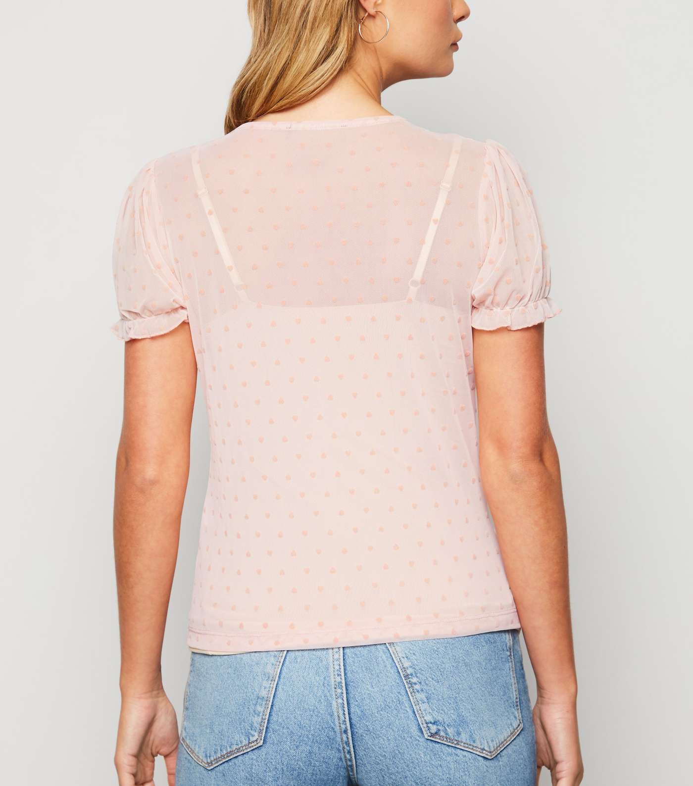 Pale Pink Heart Flocked Mesh Puff Sleeve Top Image 3