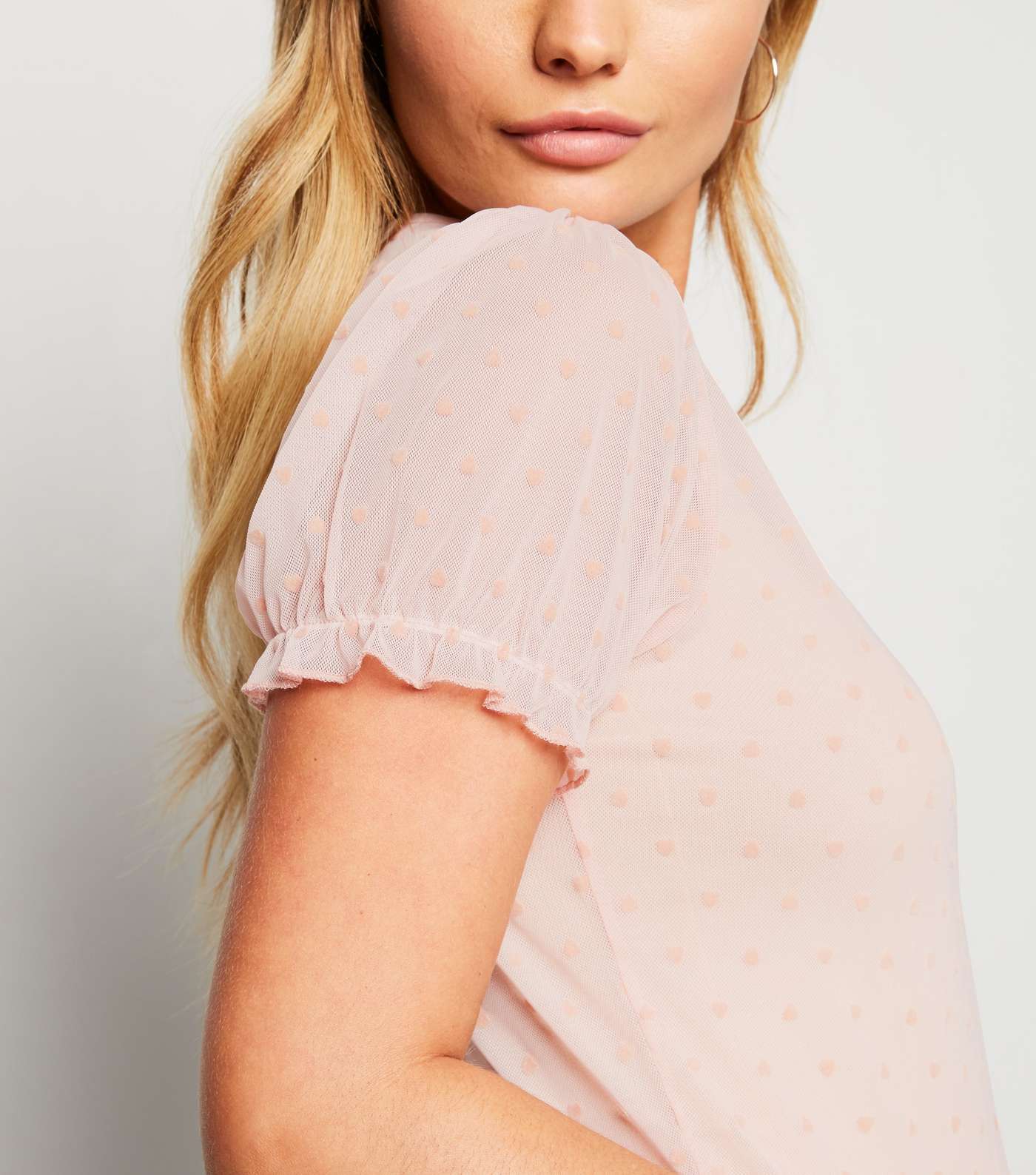 Pale Pink Heart Flocked Mesh Puff Sleeve Top Image 5