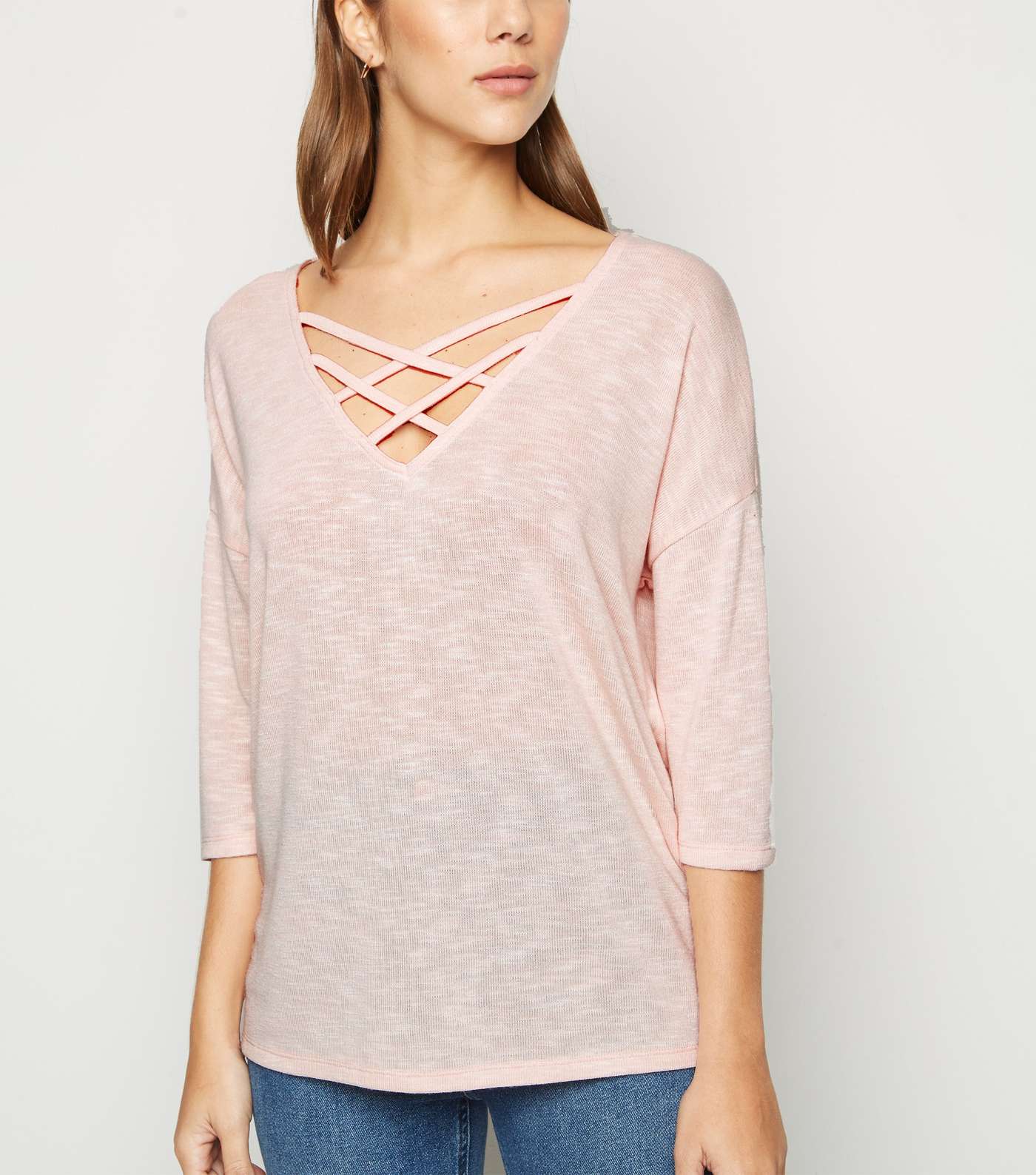 Pale Pink Lattice Front Fine Knit Top