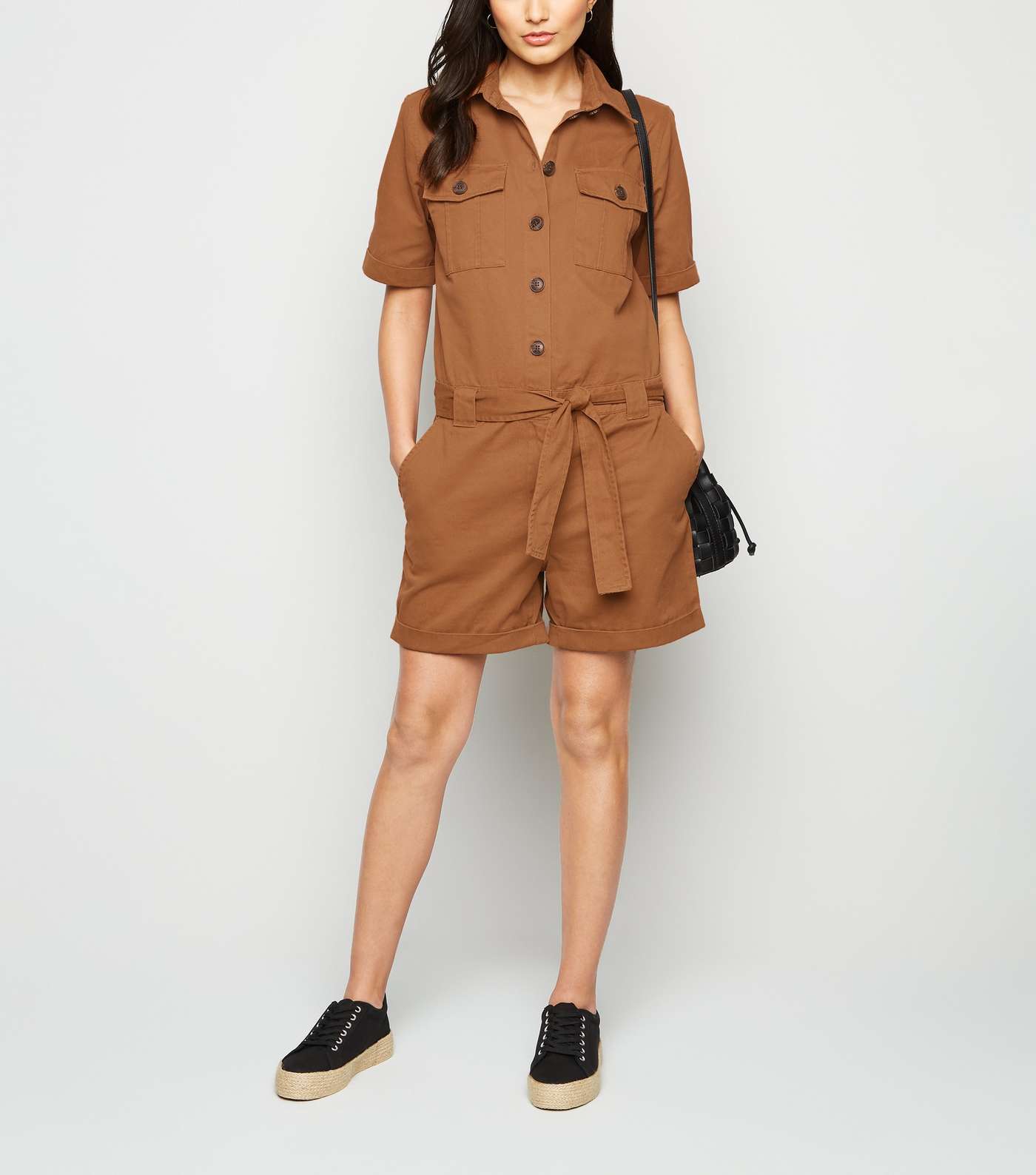 JDY Tan Button-Up Belted Playsuit Image 2