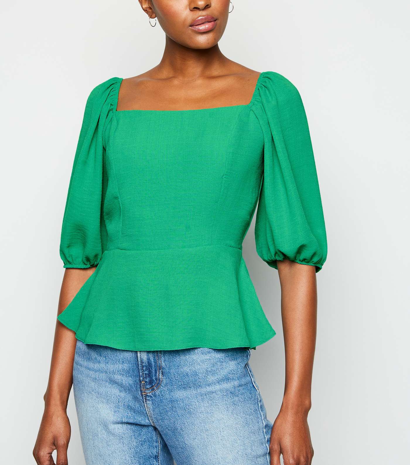 Green Square Neck Puff Sleeve Blouse