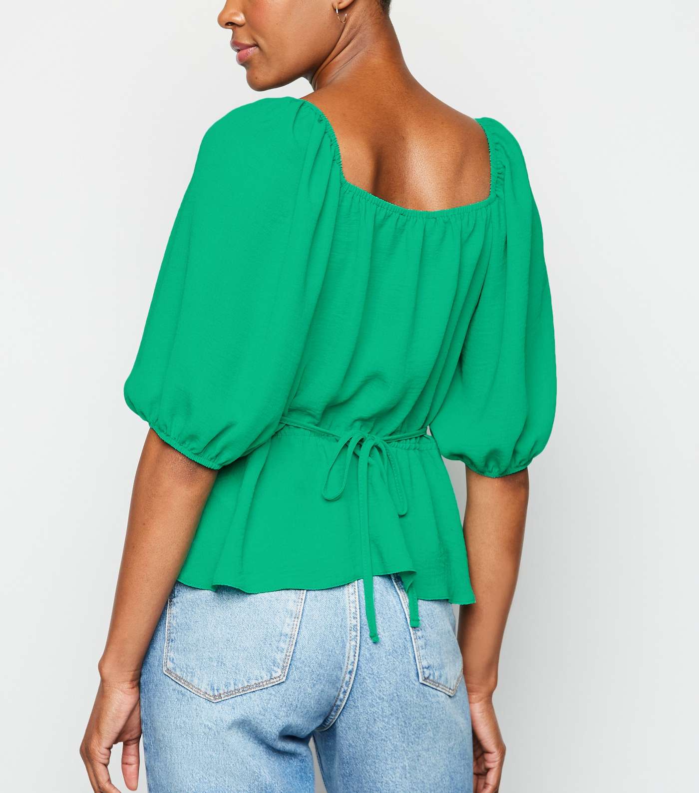 Green Square Neck Puff Sleeve Blouse Image 3