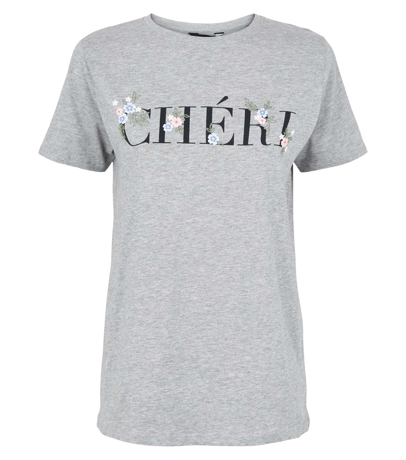 Grey Marl Floral Chéri Slogan T-Shirt Image 4