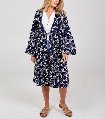 Image of Blue Vanilla Navy Floral Tie Front Kimono Cardigan New Look