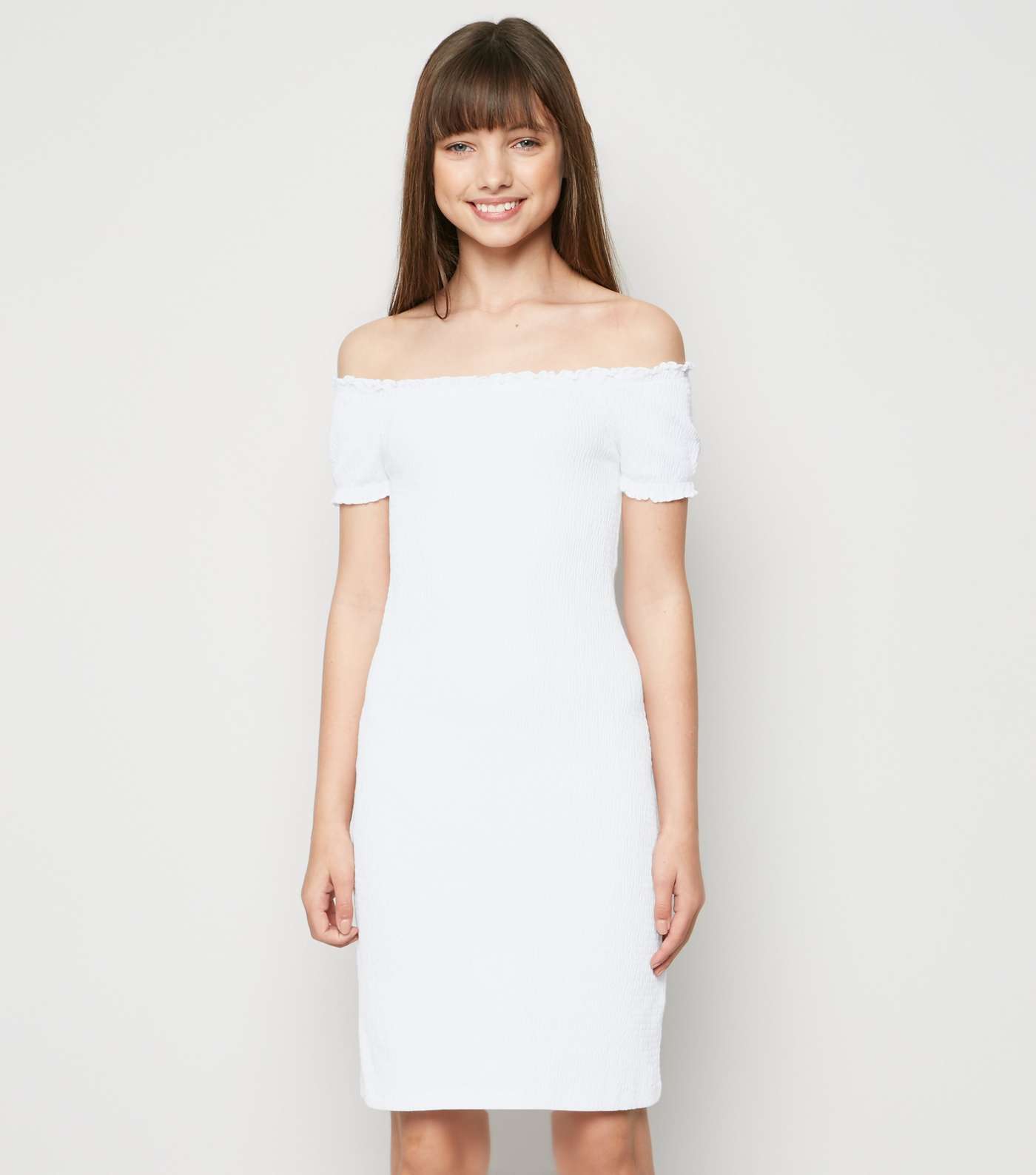 Girls White Shirred Dress