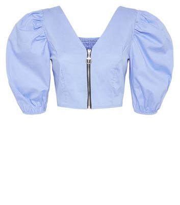 Image of Cameo Rose Blue Poplin Zip Puff Sleeve Top New Look