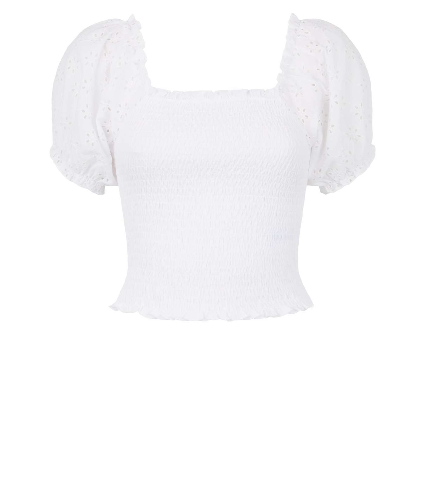 White Broderie Puff Sleeve Shirred Top Image 4