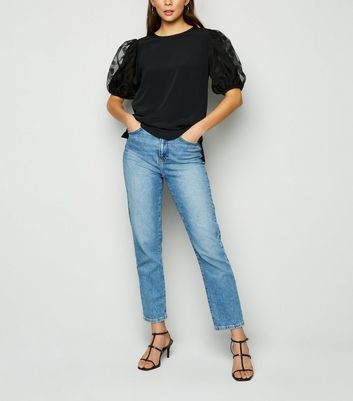 Image of Black Spot Organza Short Puff Sleeve T-Shirt New Look