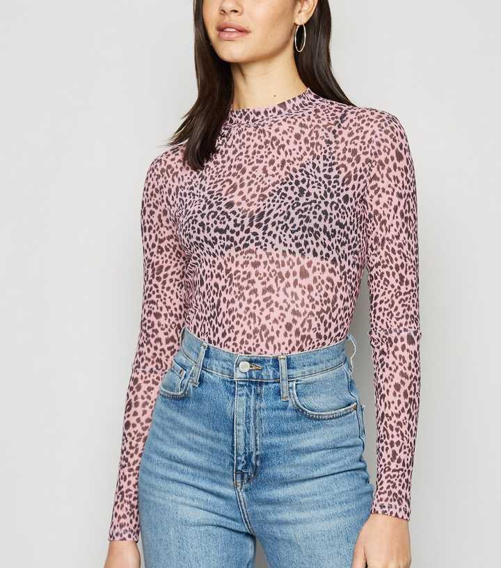 Pink Leopard High Neck Mesh Top