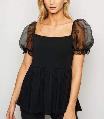 Image of Black Organza Puff Sleeve Peplum Top New Look