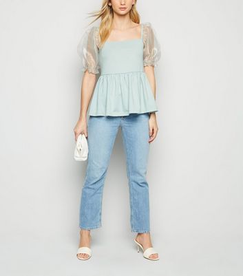 Image of Grey Organza Puff Sleeve Peplum Top New Look