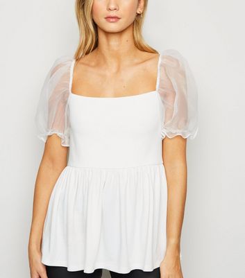 White Organza Puff Sleeve Peplum Top New Look