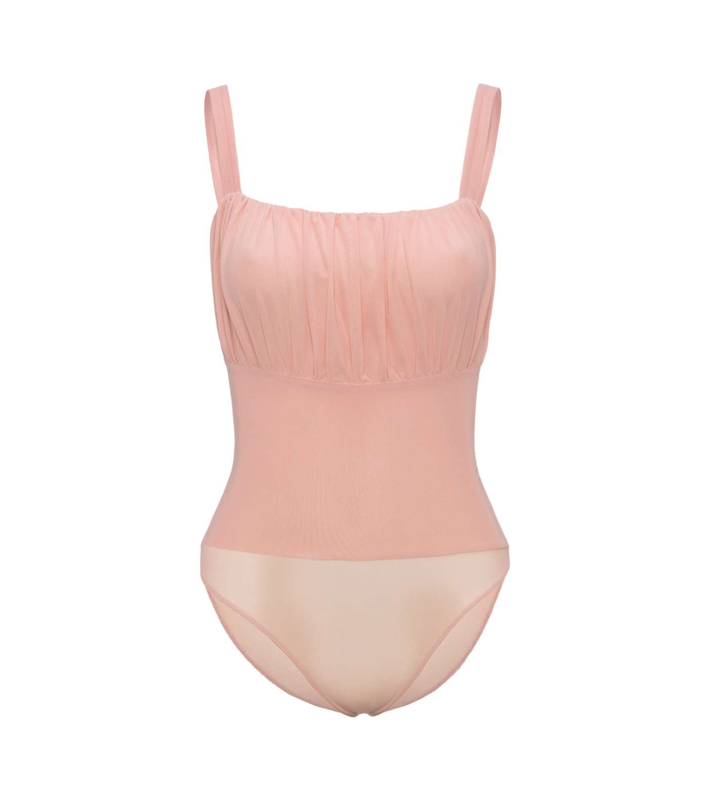 Pale Pink Mesh Ruched Square Neck Bodysuit