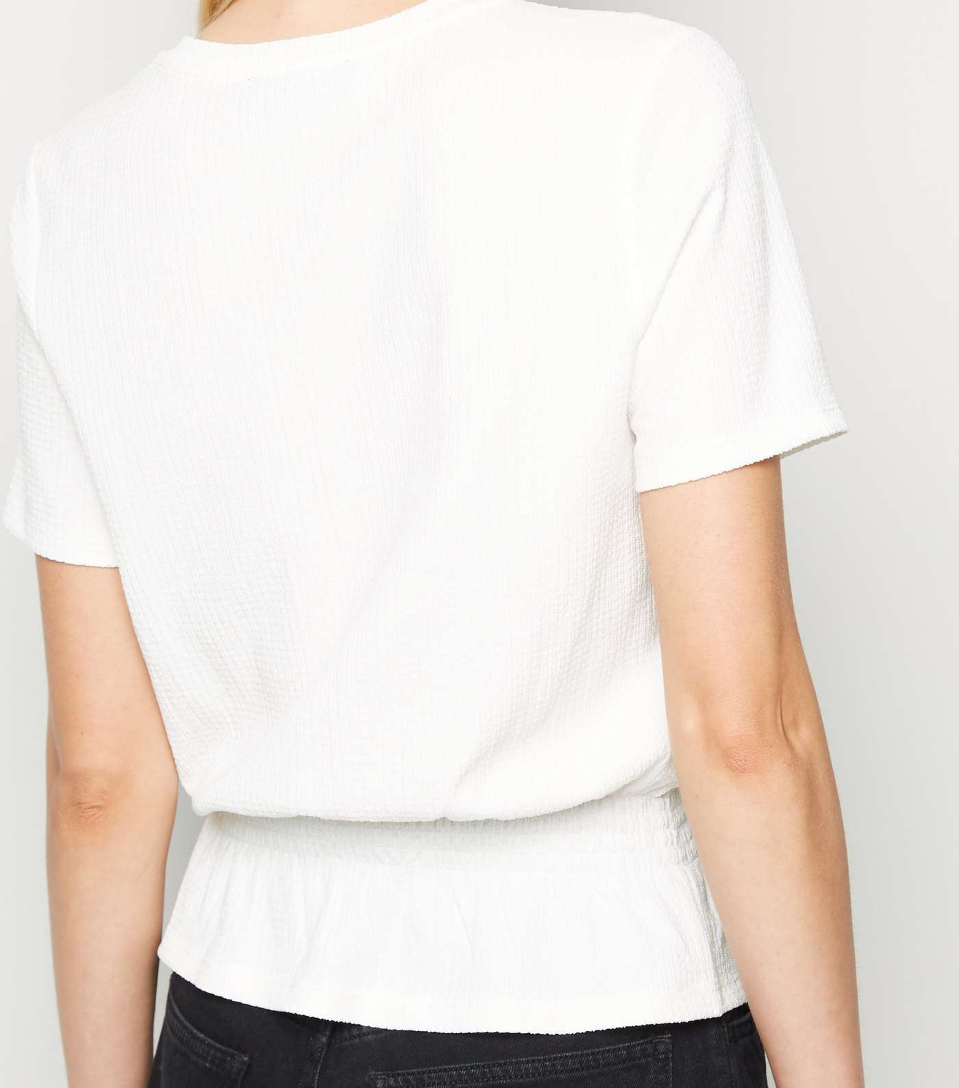 White Textured Shirred Peplum T-Shirt Image 3