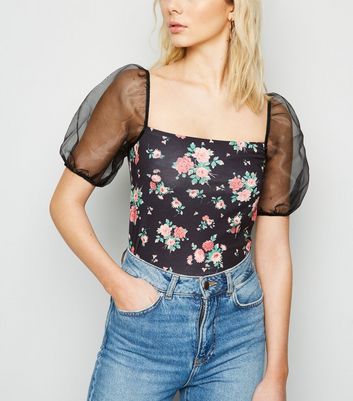 Black Floral Organza Sleeve Top New Look