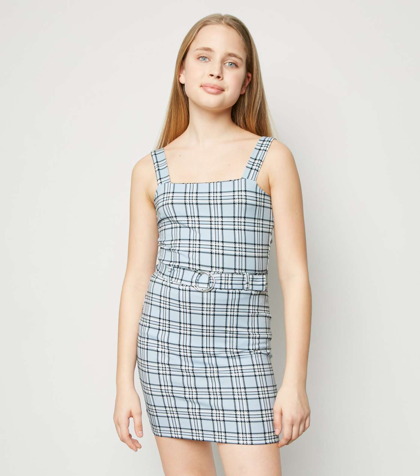 Girls Blue Check Square Neck Top