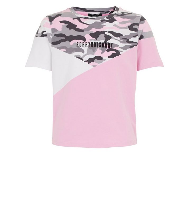 Girls Grunes T Shirt Mit Slogan Und Camouflage Muster In Blockfarben New Look