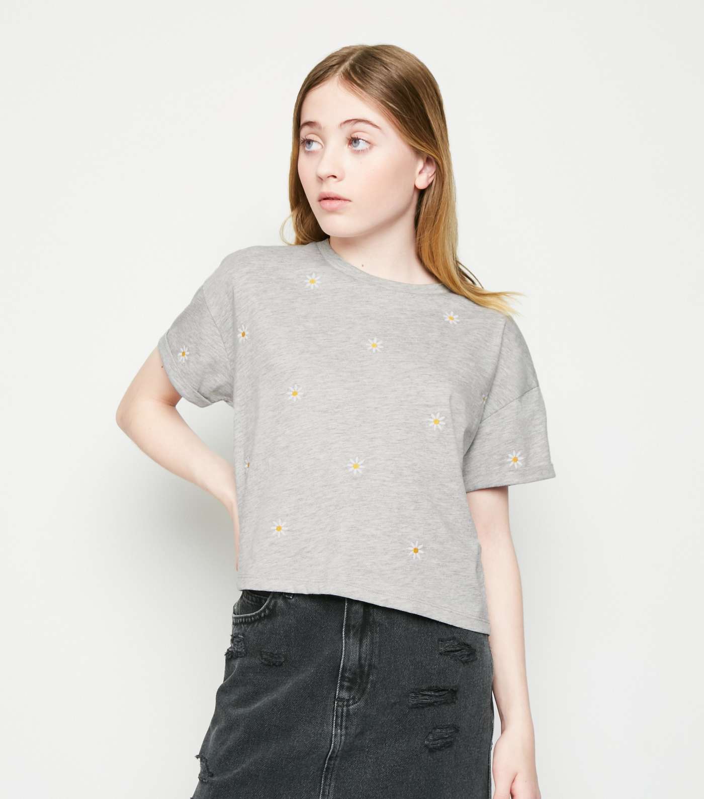 Girls Grey Daisy Embroidered Boxy T-Shirt