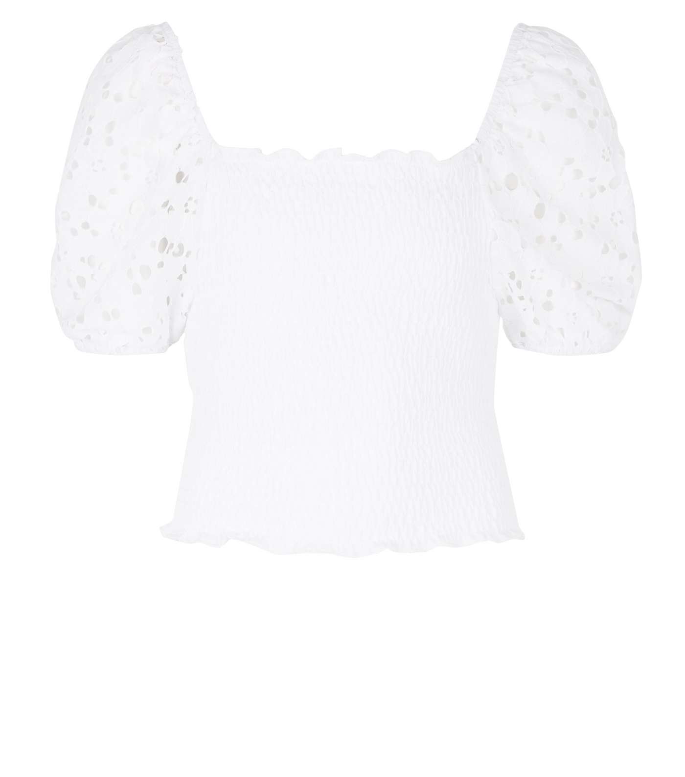Girls White Broderie Puff Sleeve Shirred Top Image 4