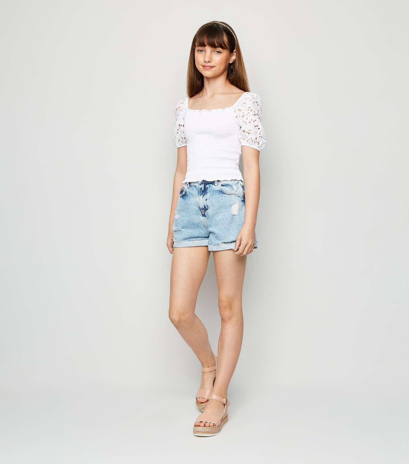 Girls White Broderie Puff Sleeve Shirred Top Image 2