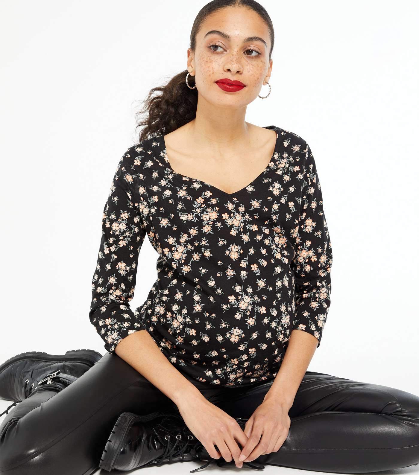 Maternity Black Floral 3/4 Sleeve Top