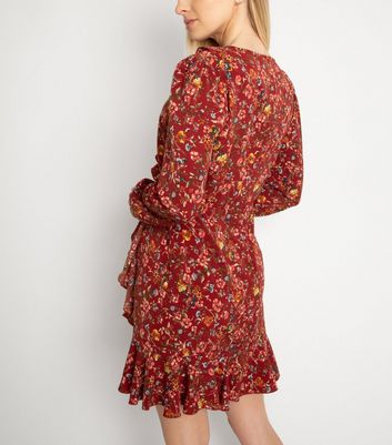 Image of Another Look Red Floral Frill Wrap Dress New Look