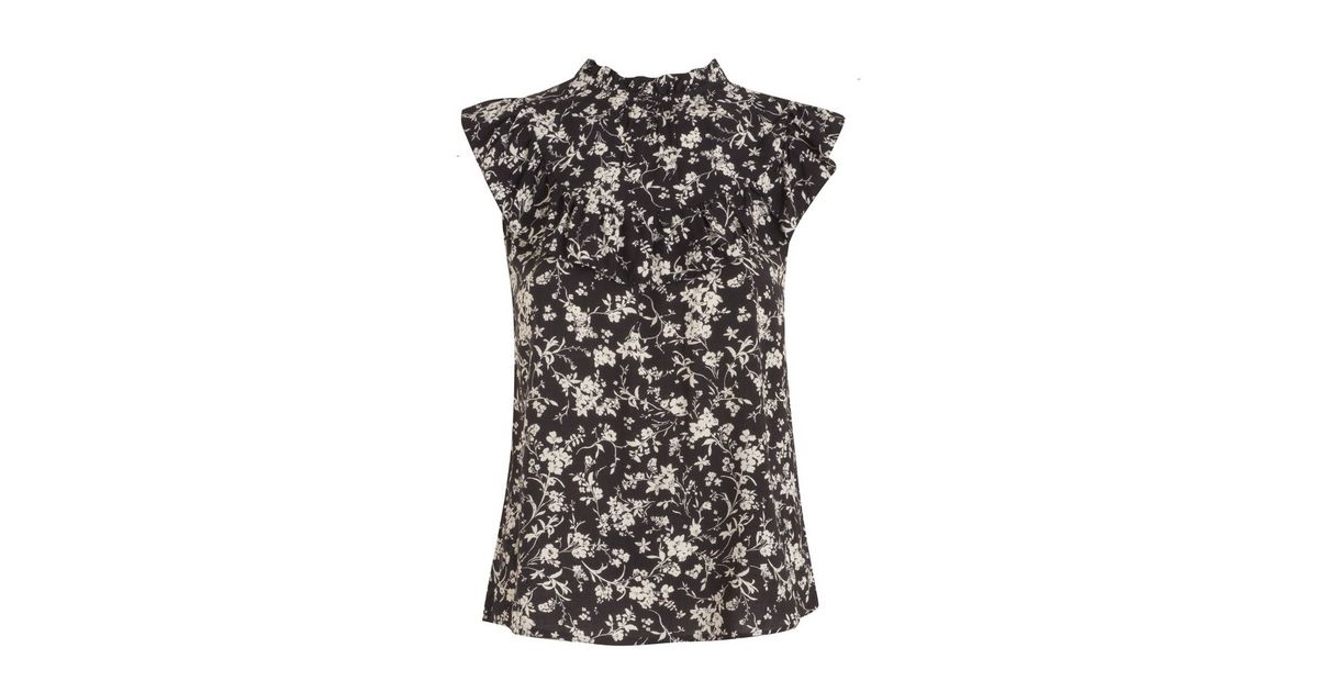 Petite Black Floral Frill Neck Blouse | New Look