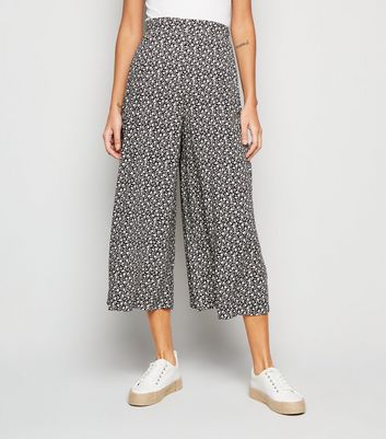 Black Ditsy Floral Print Crop Wide Leg 