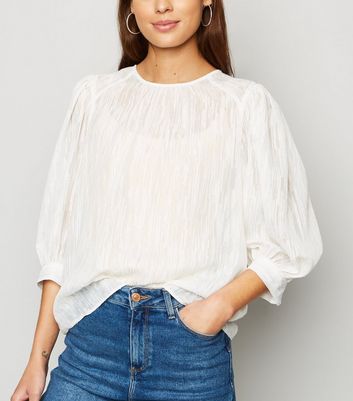 Off White Puff Sleeve Textured Blouse 