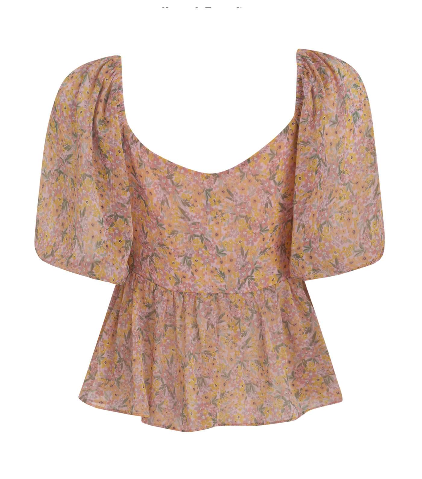 Pink Floral Button Puff Sleeve Blouse Image 2