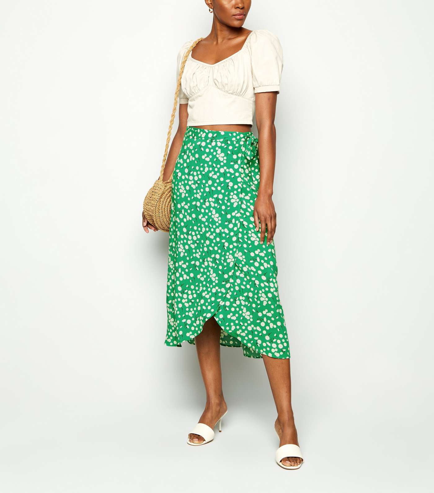 Green Daisy Print Midi Wrap Skirt