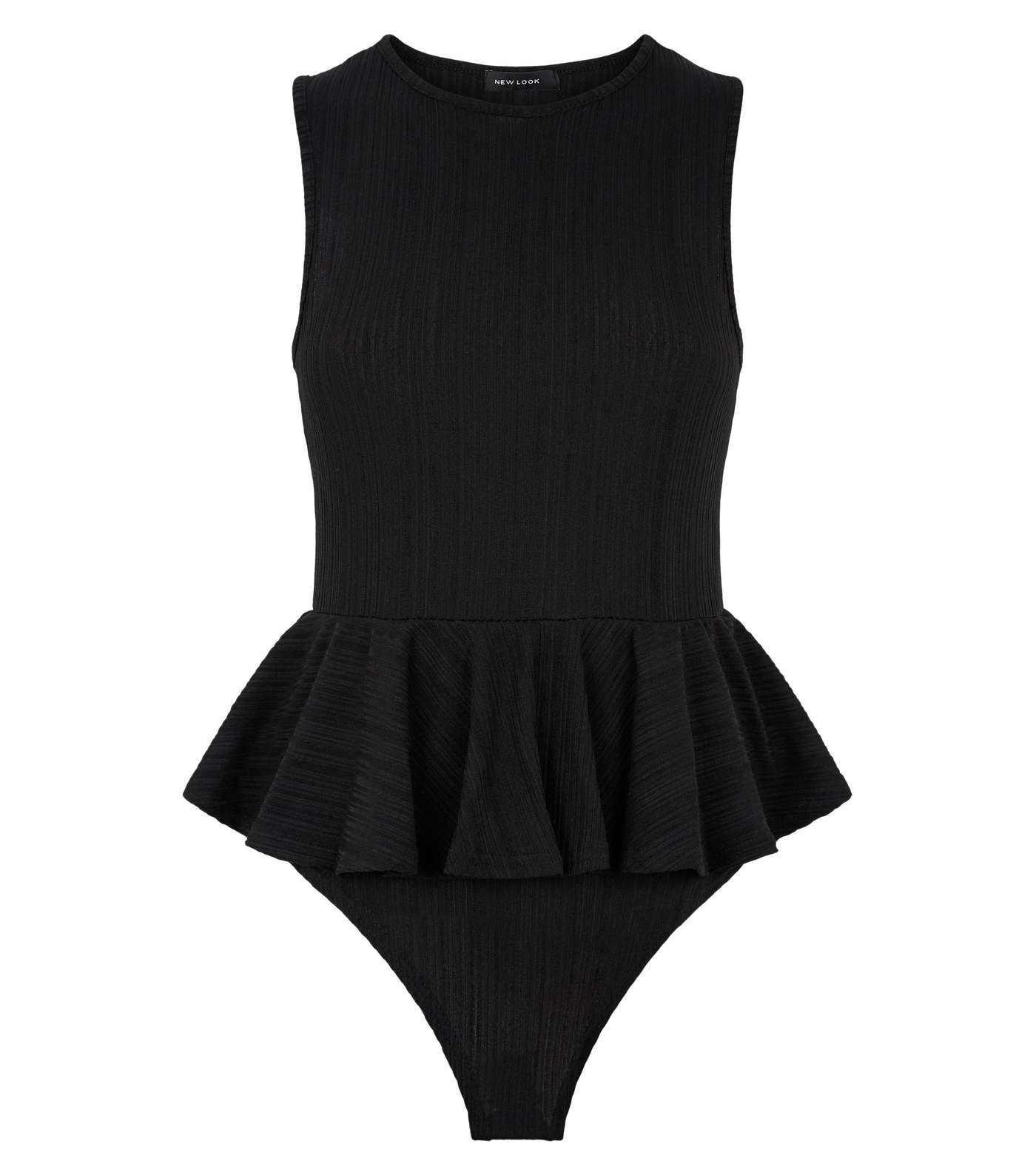 Black Ribbed Sleeveless Peplum Bodysuit Image 4