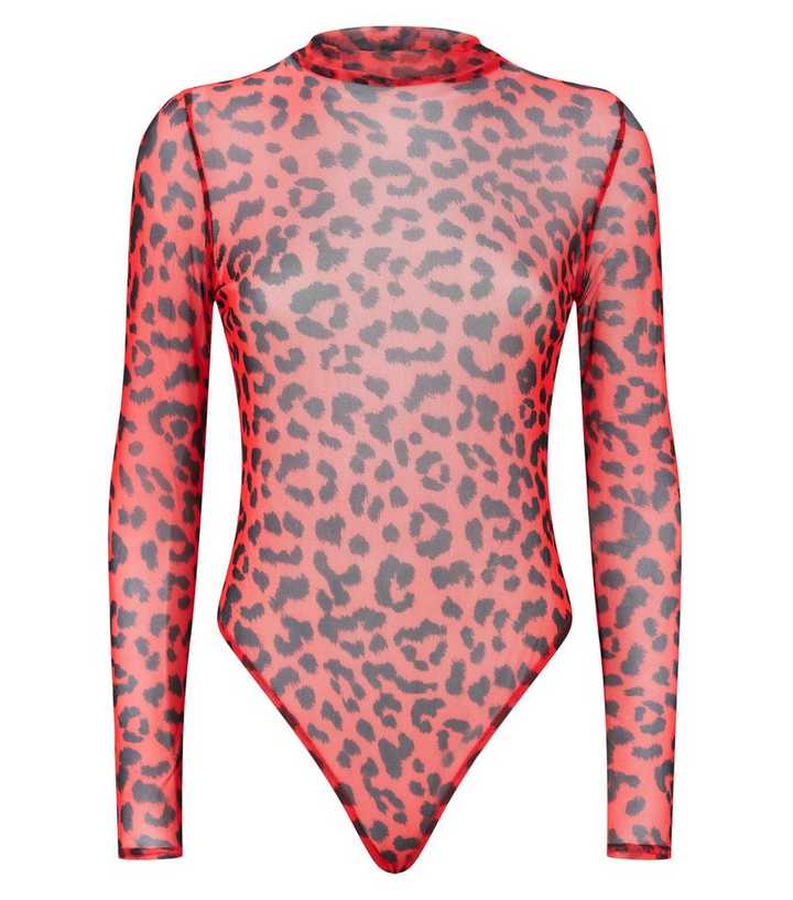 Petite Long Sleeve Leopard Print Mesh Bodysuit