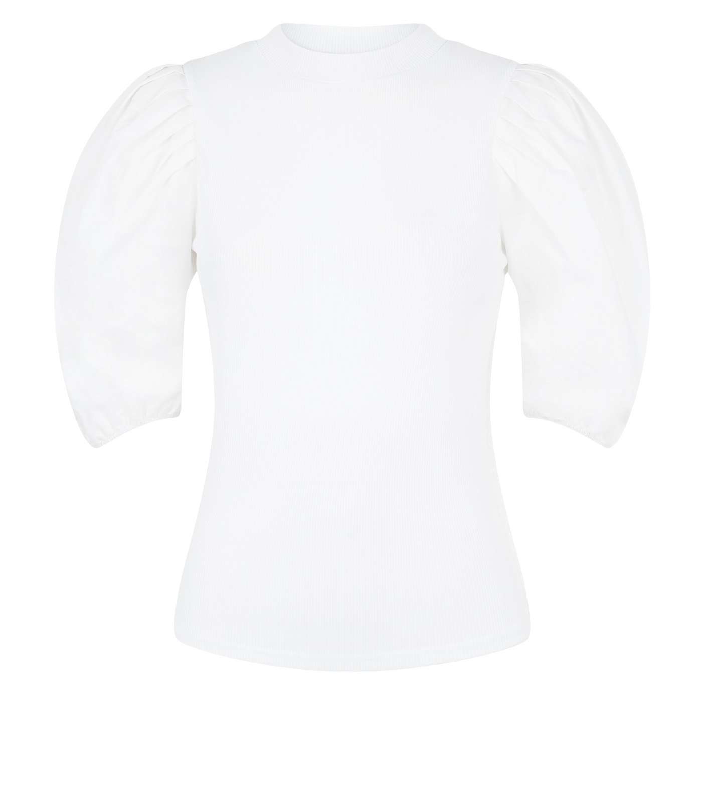 White Poplin Puff Sleeve Ribbed T-Shirt Image 4